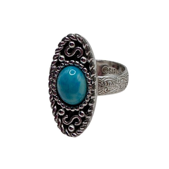 Vintage Ring Sarah Coventry Faux Turquoise Silver Tone Textured Adjustable Band - Picture 11 of 12